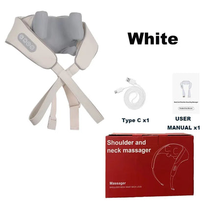 Electric Neck and Shoulder Massager in white with charging cable and user manual