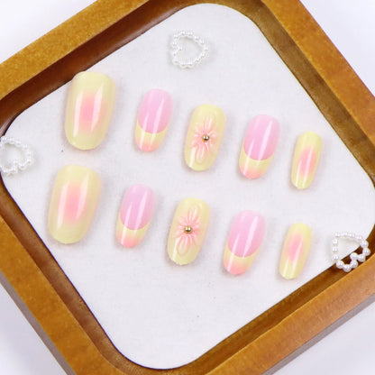 Y2K Almond French 3D Flower Glossy Fake Nails 10PCS