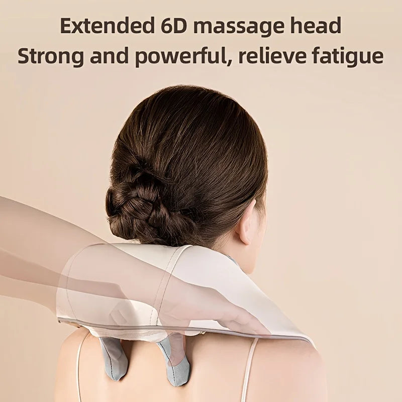 Electric Neck and Shoulder Massager with extended 6D massage head for powerful fatigue relief.