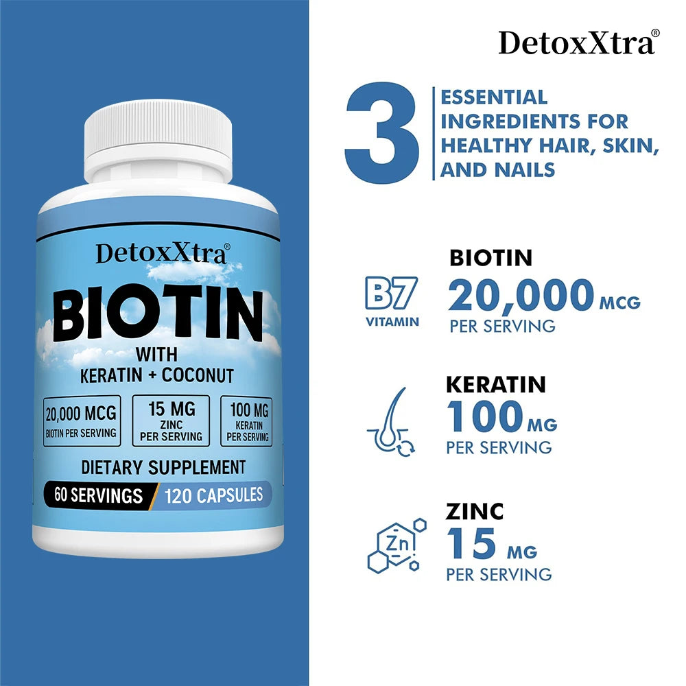 Biotin 20,000 mcg with Keratin & Zinc – 120 Capsules