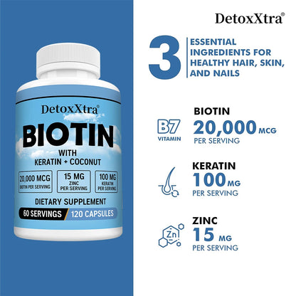 Biotin 20,000 mcg with Keratin & Zinc – 120 Capsules