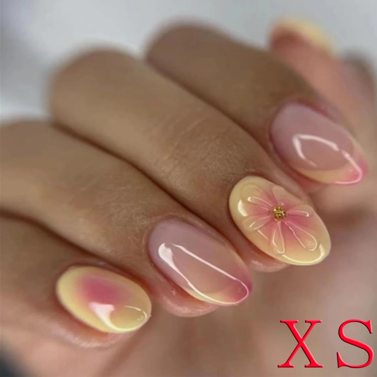 Y2K Almond French 3D Flower Glossy Fake Nails 10PCS