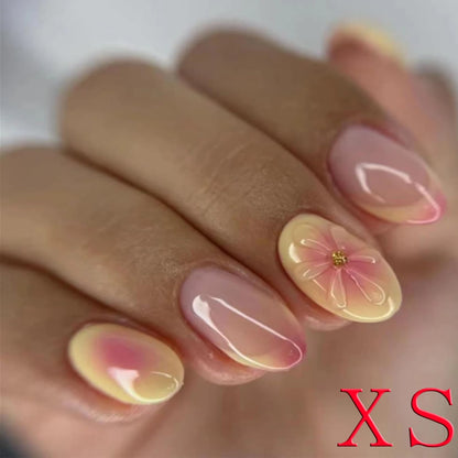 Y2K Almond French 3D Flower Glossy Fake Nails 10PCS