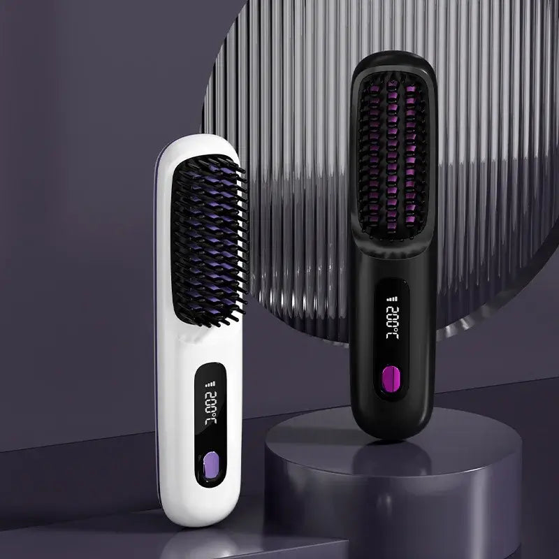 2 In 1 Hair Straightener & Curler Comb in black and white design with digital display.