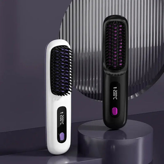 2 In 1 Hair Straightener & Curler Comb in black and white design with digital display.