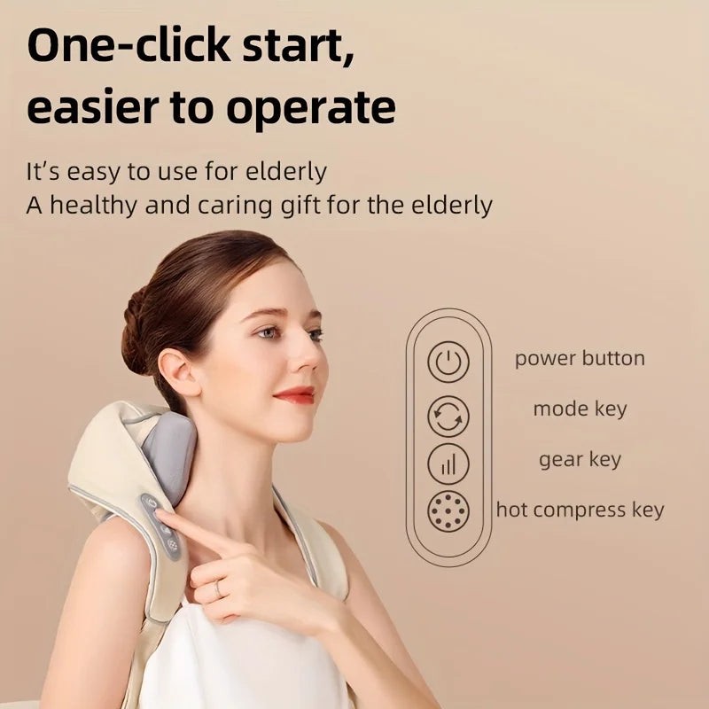 Electric Neck and Shoulder Massager with easy one-click start button for the elderly.