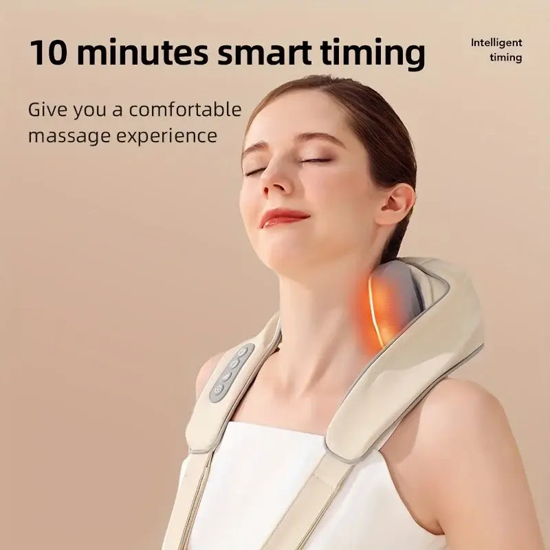 Woman enjoying the Electric Neck and Shoulder Massager with smart timing for a comfortable massage experience.
