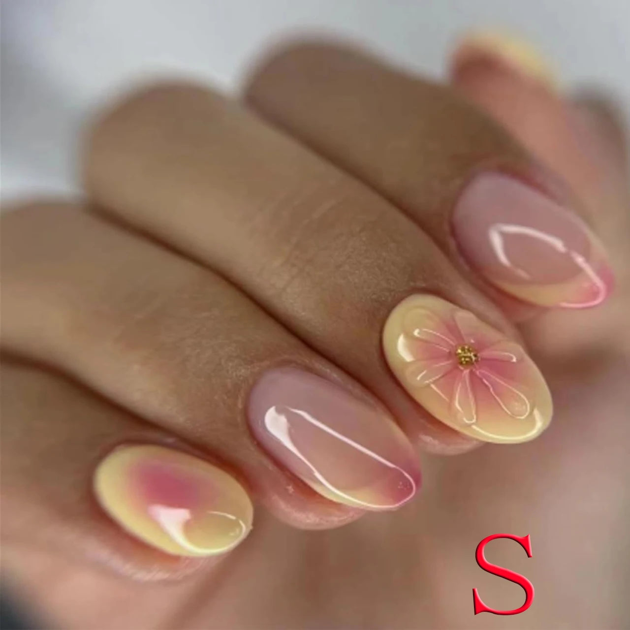 Y2K Almond French 3D Flower Glossy Fake Nails 10PCS