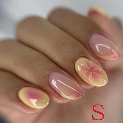 Y2K Almond French 3D Flower Glossy Fake Nails 10PCS