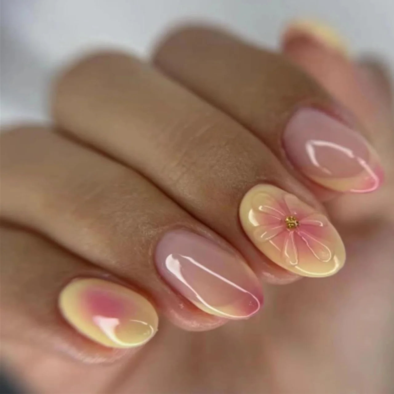 Y2K Almond French 3D Flower Glossy Fake Nails 10PCS