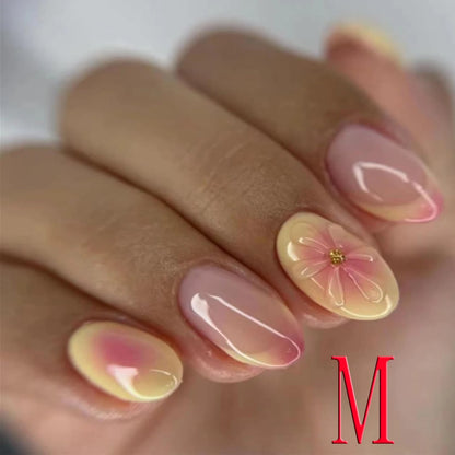 Y2K Almond French 3D Flower Glossy Fake Nails 10PCS