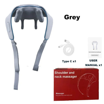 Electric Neck and Shoulder Massager in grey with charging cable and user manual.